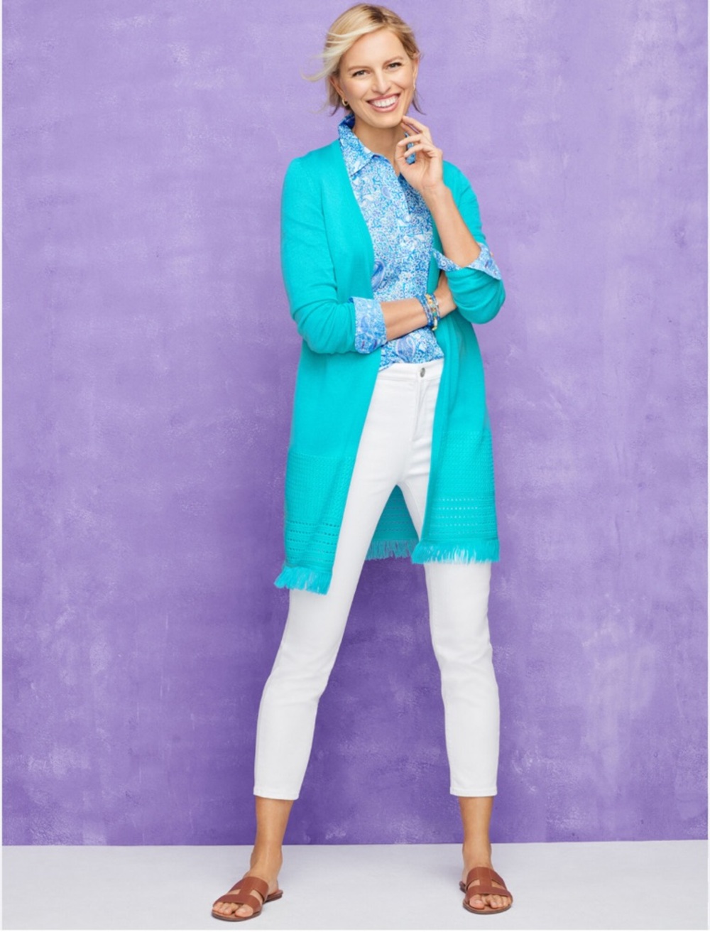 Talbots Teal Open-Front Fringe-Hem Cardigan